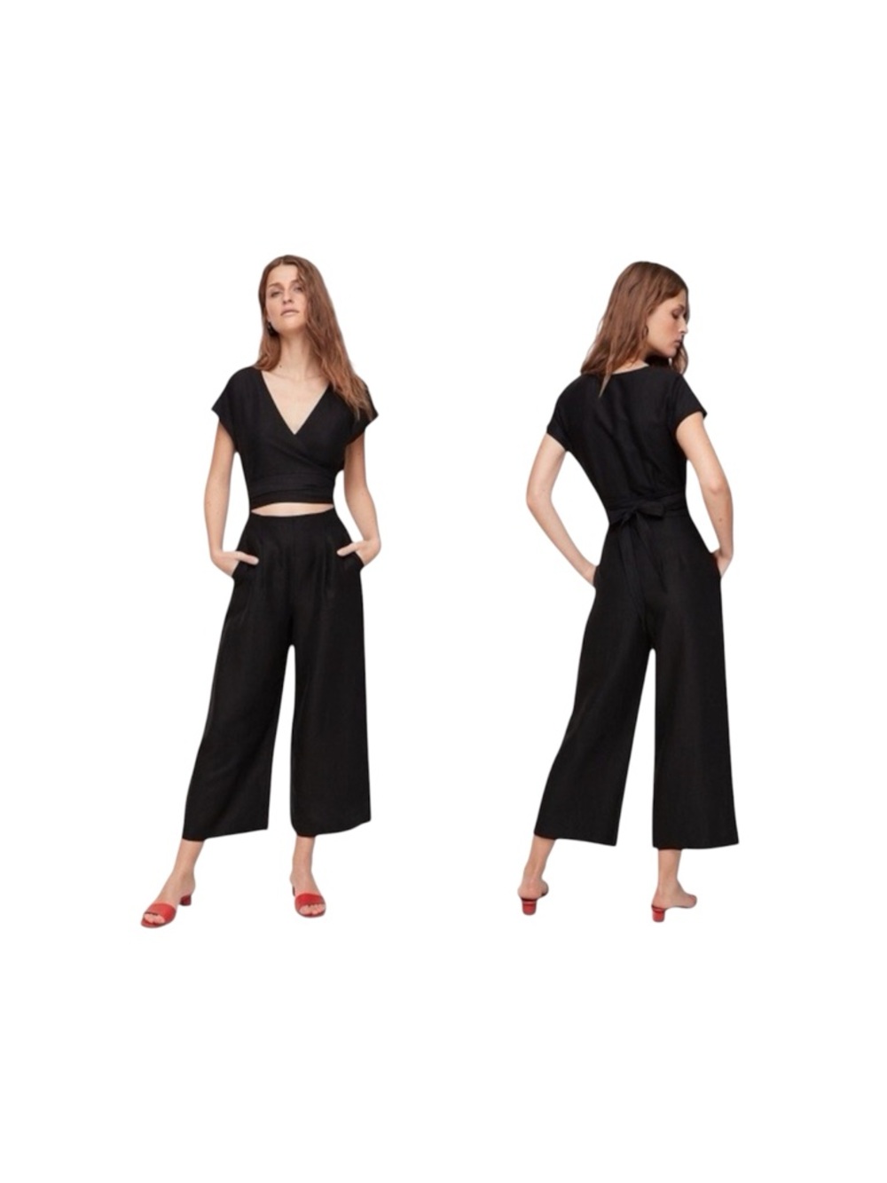 Aritzia Wilfred Black Brax Linen Blend Wrap Jumpsuit Size 6 Bow Wide Leg Cut Out
